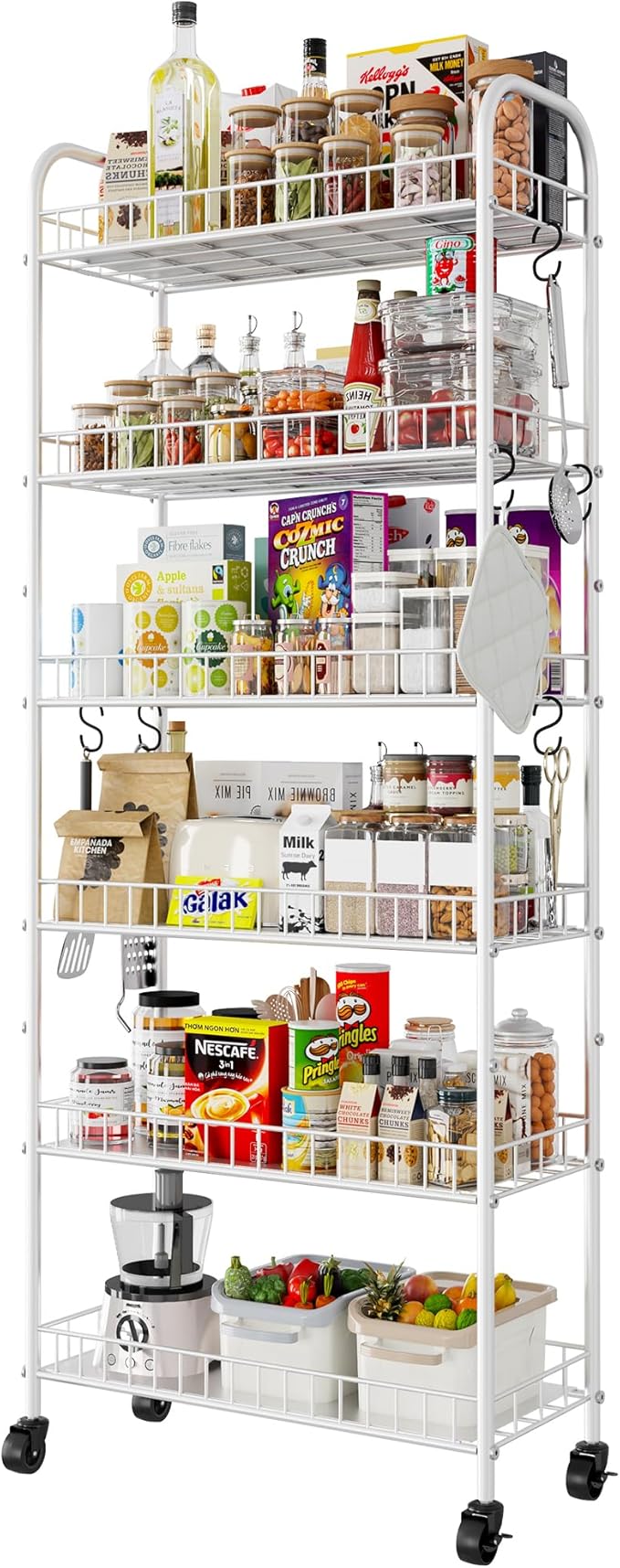 6 Tier Slim Rolling Storage Cart with Wheels, Metal Mobile Shelving Unit Organizer Utility Cart for Office Bathroom Kitchen Laundry Room Narrow Places (White 10 Inches) by Qiaoxuan