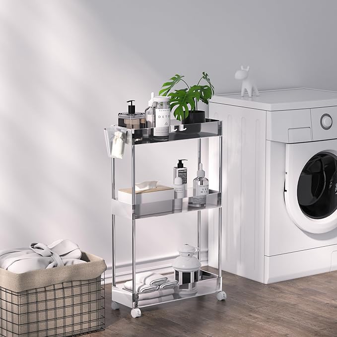 VECELO 3-Tier Acrylic Rolling Cart, Utility Cart for Kitchen Storage, Mobile Shelves Slide-Out Organizers with 2 Lockable Wheels&Hooks for Bathroom Laundry Room Living Room Office, Clear by VECELO