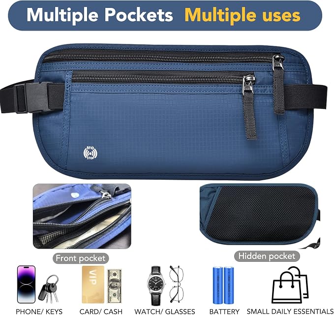 Travel Money Belt Hidden Passport Holder for Men/Women- RFID Blocking- Slim Anti-Theft Waist Wallet under Clothes,Travel Wallet Money Pouch, Travel Belt Fits Passport Phone Cash Cards (Navy Blue) - Image 3