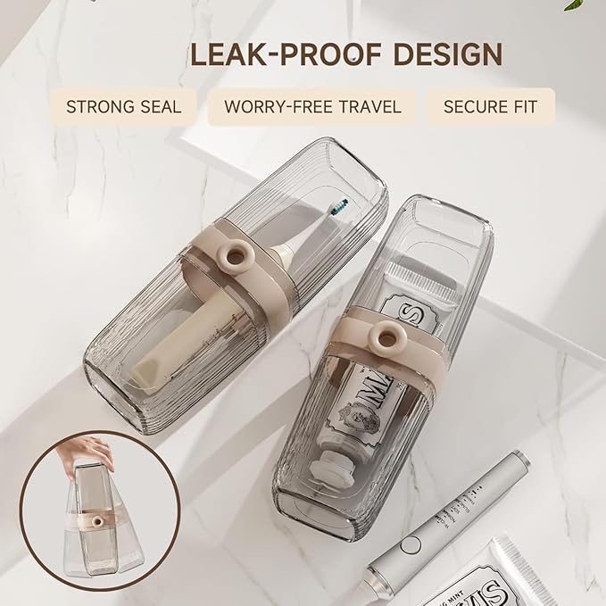 Topavatop Toothbrush Travel Case, 2 in 1 Toothbrush Holder and Rinse Cup, Large Capacity Toothbrush Cup with Cover, Portable Travel Toothbrush Holder for Traveling, Camping, Trip - 1Pcs - Beige&Clear - Image 3