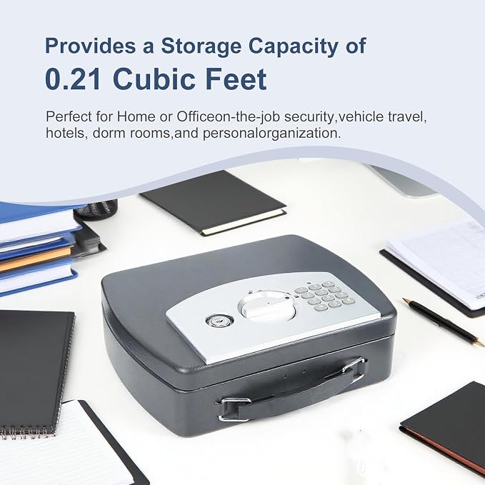 0.08 Cu Ft Portable Steel Security Safe Box with Digital Keypad | Portable Travel Safe Built With Carrying Handle, Ideal For Storing Cash, Jewelry & Documents At Home, Office And Hotel - Image 7
