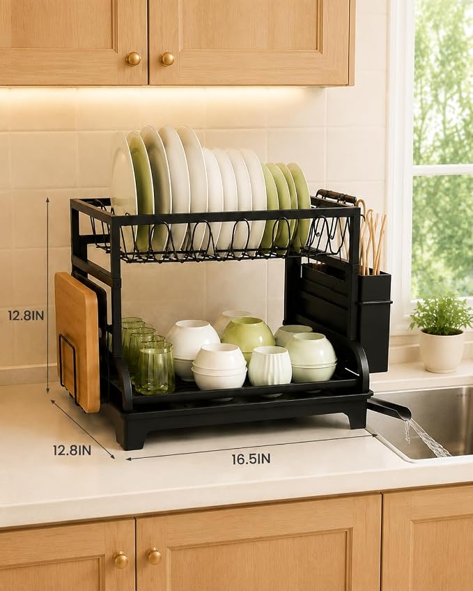 2-Tier Foldable Dish Drying Rack with Drainboard, Stainless Steel Large Capacity Kitchen Counter Organizer with Cup Holder, Utensil & Cutting Board Storage, No Assembly Required, Black - Image 5