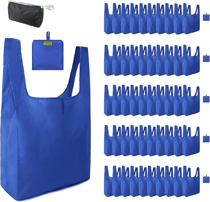 BeeGreen Reusable Grocery Bags Blue Kitchen Bags Bulk Foldable-Machine Washable with Zipper Storage Pouch 50 Packs by BeeGreen