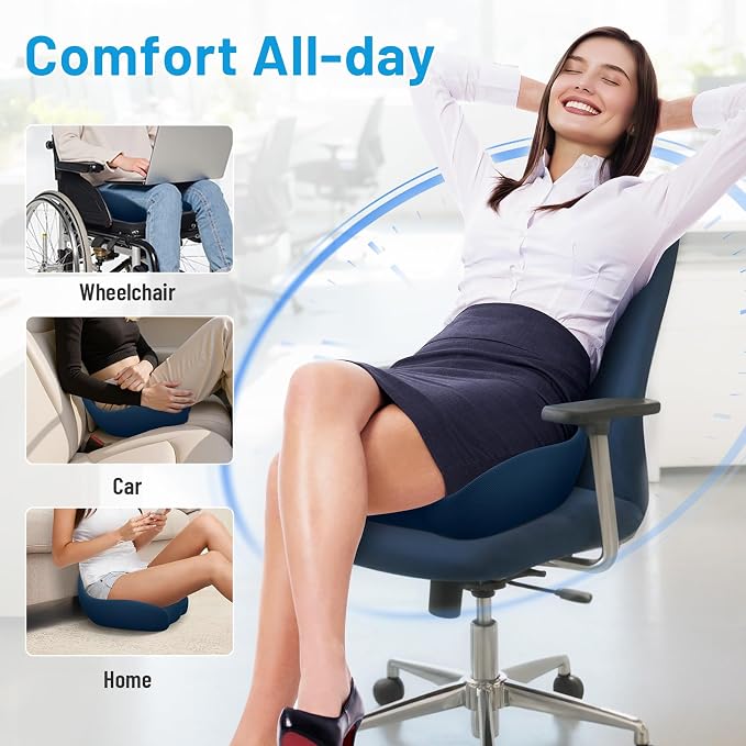 Memory Foam Seat Cushion, Ergonomic Office Chair Cushion for Long Sitting | Curved Tailbone Support Cushion for Car, Desk Chair and Wheelchair, Coccyx Comfort Pad with Breathable Cover, Blue - Image 2