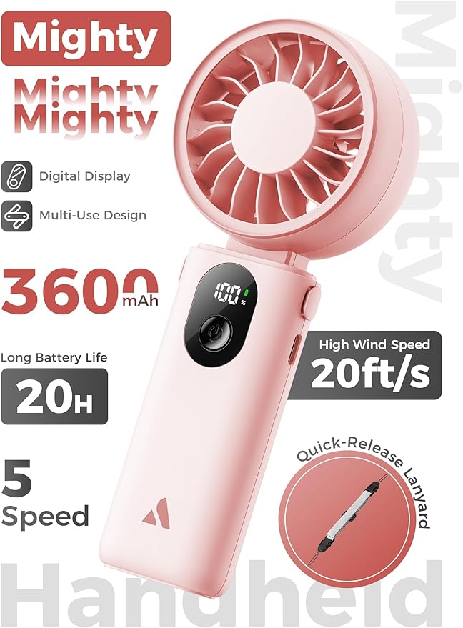 Aecooly Mighty Portable Handheld Fan | 20H Max Cooling | 3 Flexible Modes | 5 Speeds Wind | Battery Level Display | USB Rechargeable Mini Personal Battery Powered, Gifts for Women, Travel -Pink - Image 2