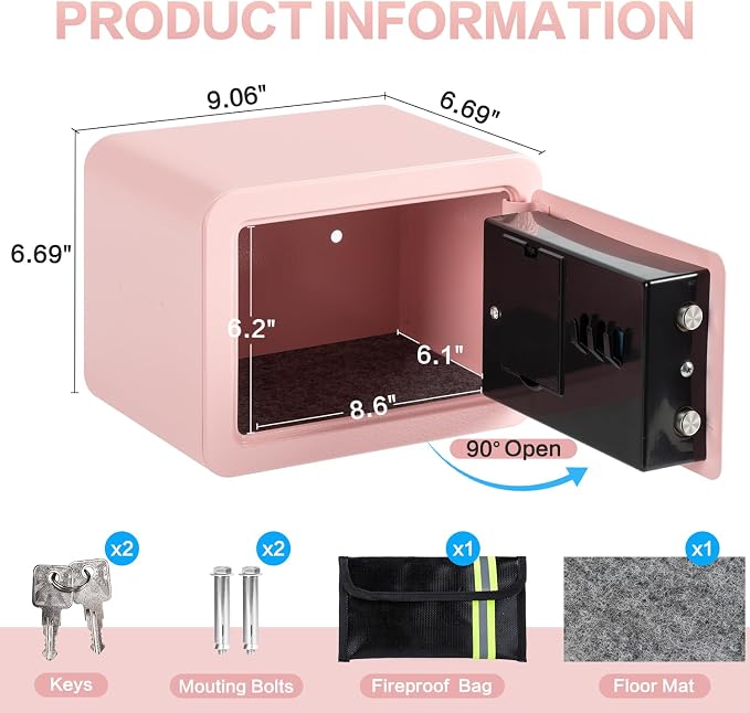 0.23 Cubic Feet Safe Box, Small Safe W/Fireproof Bag, Keys & Pass Code, Digital Electronic Security Money Box for Cash, Document, Home, Office, Hotel Use, Pink, 6.69"D x 9.06"W x 6.69"H - Image 9