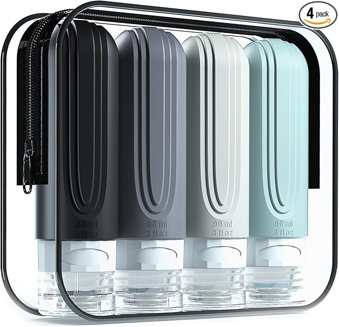 Mrsdry Travel Bottles for Toiletries, Tsa Approved 3oz Travel Size Containers BPA Free Leak Proof Refillable Liquid Silicone Squeezable Travel Accessories for Shampoo Conditioner Lotion (4 Pack) by Mrsdry