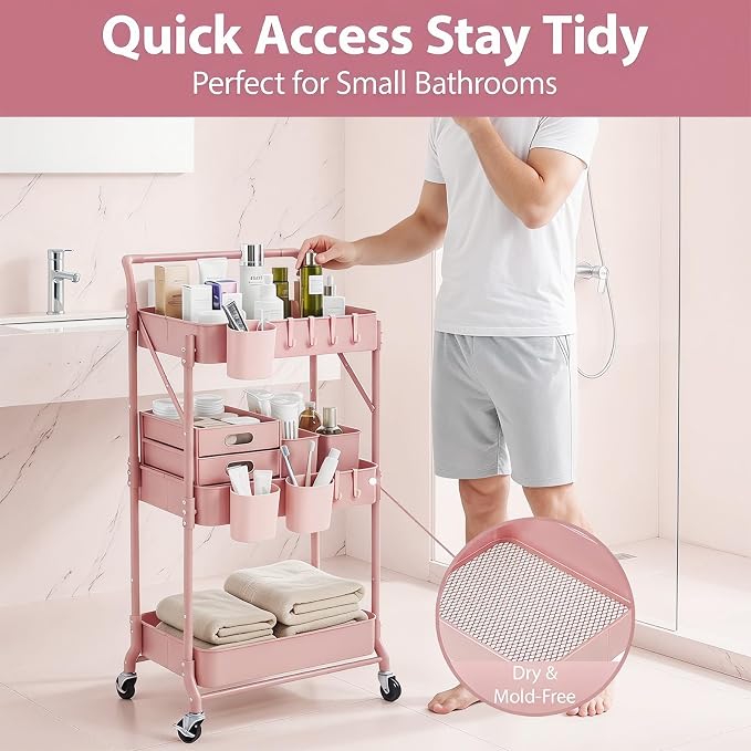Amatic 3-Tier Folding Rolling Utility Cart with Wheels, Foldable Storage Cart Organizer with 3 Hanging Cups & 6 Hooks for Kitchen, Office, Living Room, Nursery(Pink) - Image 9