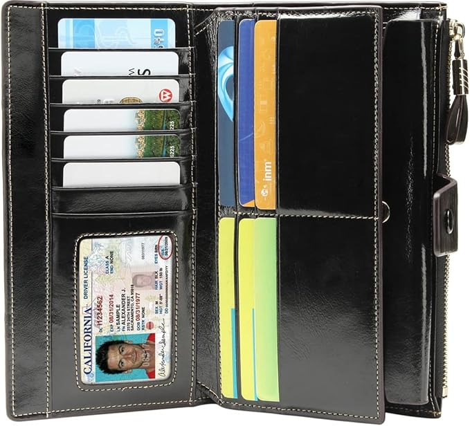 Itslife Womens RFID Blocking Large Capacity Luxury Wax Genuine Leather Wallet Clutch Ladies Card Holder, Black - Image 2