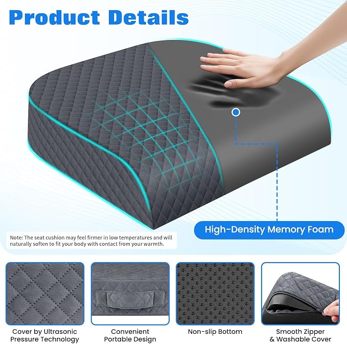 Seat Cushion, Office Chair Cushion, Chair Pad, Large, Gray, Large | Memory Foam, Washable Cover, Non-slip Bottom, Portable Handle, for Office, Home and Car - Image 3