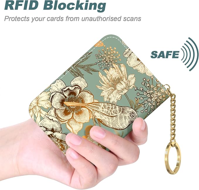 Nipichsha Women's Small RFID Blocking Credit Card Wallet, Blooming Flowers, Leather, Slim and Compact, 4.33 x 3.15 in | Leather Card Holder Wallet, Credit Card Wallet Organizer, Business Card Case with Zipper & Keychain, 12-Slot Compartment - Image 4
