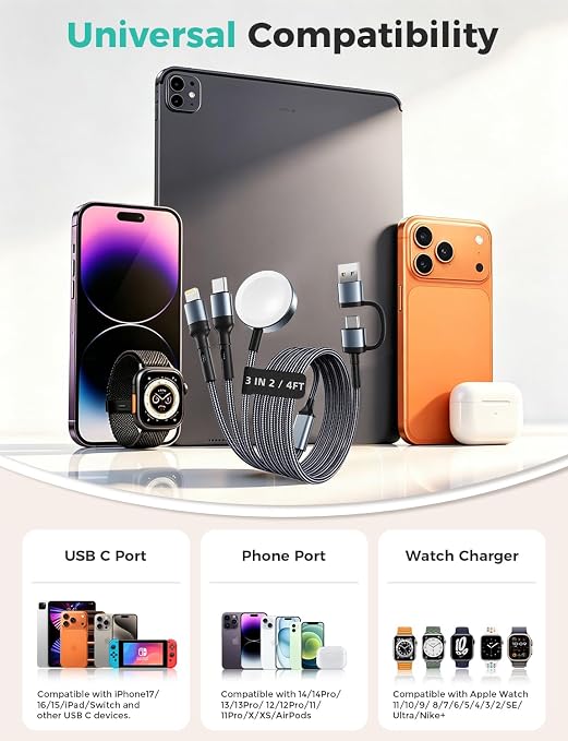 Travel Essentials for Apple Watch Charger,Cruise Vacation Camping Essentials,iPhone Charger,Multi Charging Cable,3 in 2 Charging Docks for iWatch Series 11-2/Ultra,iPhone 17-12,Car-Gunmetal - Image 3