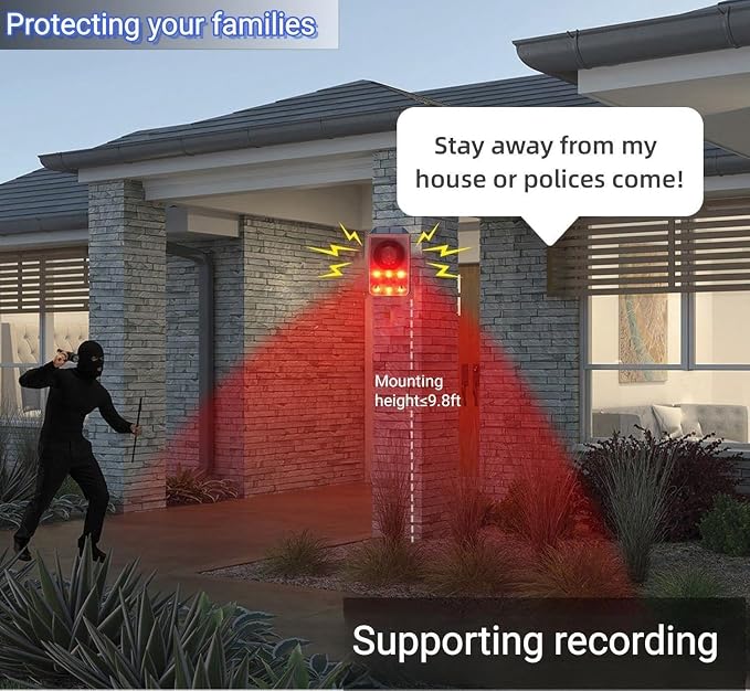HULPPRE Solar Outdoor Motion Sensor Alarm,Dog Barking and Gunshot Sound | Support Recording,Adjust Volume,130db Loud Noise Maker,3 Work Modes Strobe Light with USB,Say Goodbye to The Intruders - Image 2