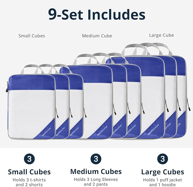 9 Set Compression Packing Cubes for Travel - Compressible, Lightweight, and Space-Saving Packing Cubes, Travel Essentials for Women, Royal Blue - Image 3