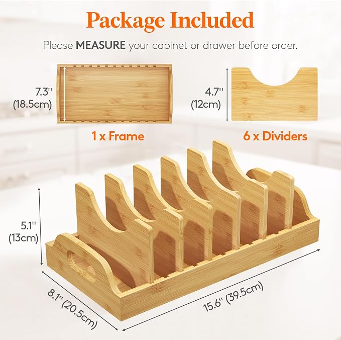 Lifewit Bamboo Lid Organizers for Inside Cabinet with 7 Sections | Pan Lid Holder with 6 adjustable Inserts, Kitchen Pantry organizer and storage, Extra Large, 15.6" X 8.1", Natural - Image 2