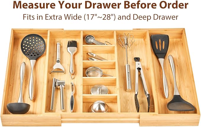 Extra Large Expandable Kitchen Drawer Organizer for Utensil and Junk, 19" Deep for Big Drawer, 17" to 28" Adjustable Bamboo Wood Drawer Divider, Cutlery Tray, Flatware Holder - Image 5