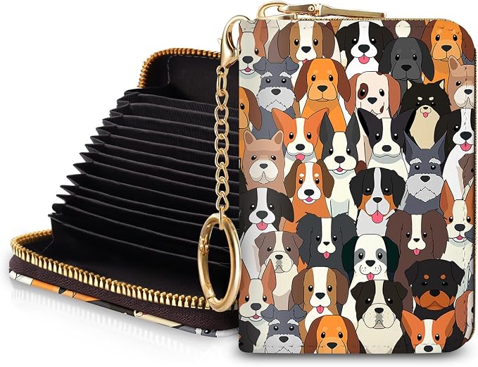 Blusabaca RFID Credit Card Holder Small Women Travel Wallet, Dog Puppy | Removable Keychain, Case with Zipper, Vegan PU Leather, Cash Coin Pocket, Business Accordion Purse, Ladies Female Gift by Blusabaca