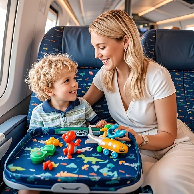 Adjustable Kids Tray Table Cover with Multi Portable Pockets, Airplane Travel Essentials for Kids, Toddlers, Adults, Airplane Must Haves, Plane Travel Essential, Travel Tray for Plane Train, Dinosaur - Image 7