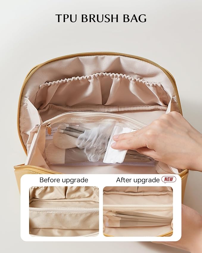 EACHY Travel Makeup Bag for Women, Flat Open Cosmetic Bag, Yellow, Medium | PU leather organizer with flat-open access, storage pockets and clear TPU brush compartment for daily makeup and toiletries - Image 3
