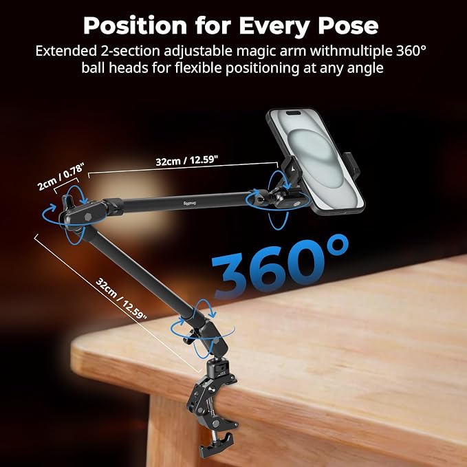 SmallRig 26" Magic Arm with Super Clamp, Overhead Phone Mount, Flexible Desk Camera Mount with 1/4" Screw and Cable Clip, Max Load 2.2lb, for iPhone, Action Camera, Video Light, Webcam, Mic - 5625 - Image 4