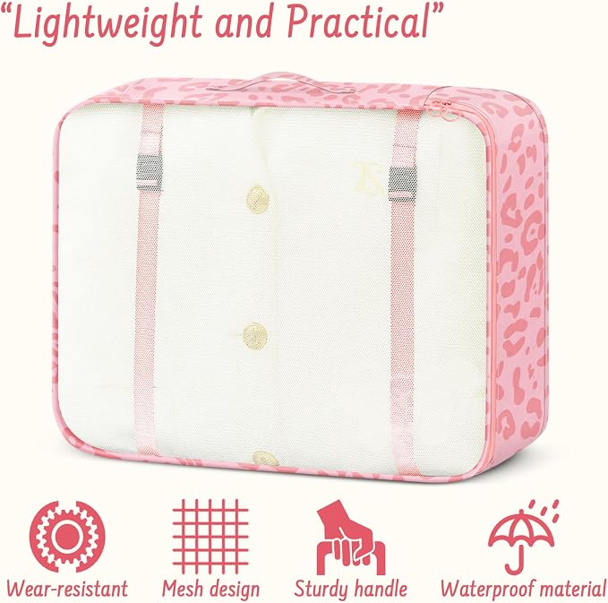 9 Set Packing Cubes for Travel Essentials - Lightweight Carry-On Luggage Organizer Bags with Shoe, Clothes & Laundry Bags for Airplane, Family & Business Travel, Pink leopard print - Image 4