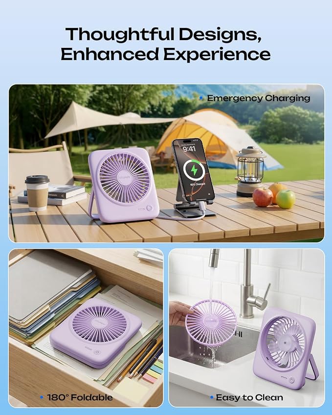 Otlonpe Personal Portable Desk Fan, 4000mAh Small Rechargeable Portable Fan Battery Operated & USB Powered for Travel Sleeping Bedroom Office Home Table, Cordless, Quiet, 4-Speed, 6.5 Inch (Purple) - Image 6