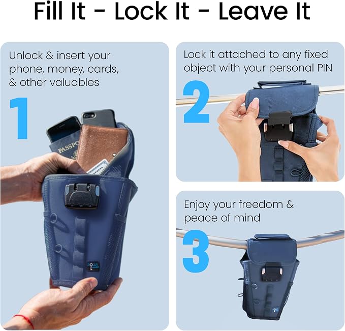 Portable Travel Safe Anti-Theft Cut-Resistant Beach Pool Lock Box | Blue. Cut-resistant nylon with water resistance and RFID blocking. Secures phones and valuables at the beach, pool or hotel. - Image 5