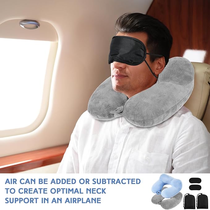 Sintuff 2 Pack Inflatable Travel Pillow for Airplanes Inflatable Neck Flight Pillows with Compact Bag and Blindfold for Traveling, Airplane, Train, Car, Office(Light Gray and Sky Blue) - Image 6