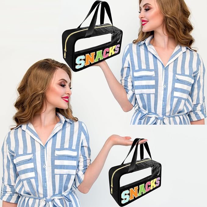 Bunliuys Chenille Letter Clear Makeup Bag Snacks Patch, Travel Toiletry Makeup Bag with Handle, Nylon Waterproof Makeup Bags clear cosmetic bag, preppy patch makeup bag for Women (SNACKS-Black) - Image 6