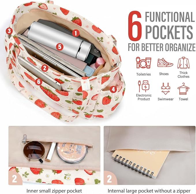 Corduroy Tote Bag for Women,Large Capacity Cute Tote Bags With 6 Pockets,Crossbody Shoulder Handbag for Work Travel Gym - Image 6