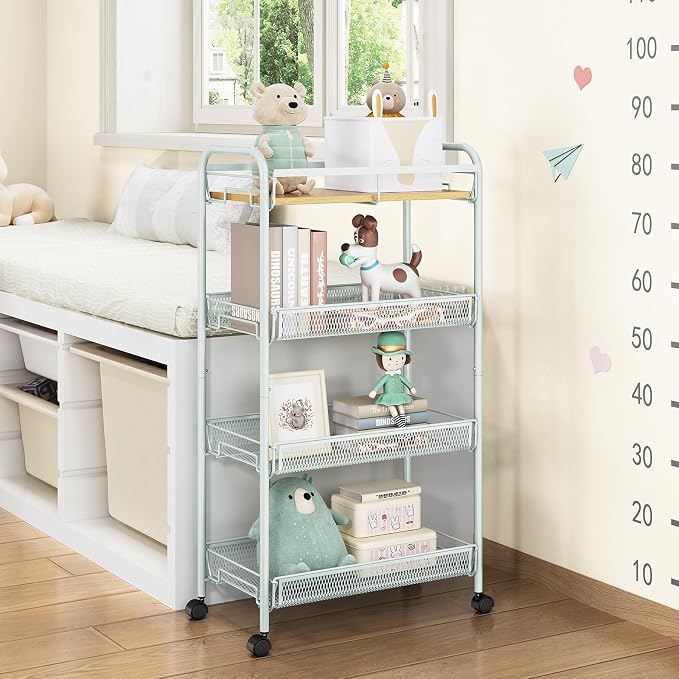 TOOLF 4-Tier Rolling Cart, Metal Utility Cart, Slide Out Storage Cart with Wooden Tabletop and Mesh Baskets for Narrow Space on Kitchen Bathroom Laundry Room Bedroom Apartments Dormitory (Green, Wide) - Image 6