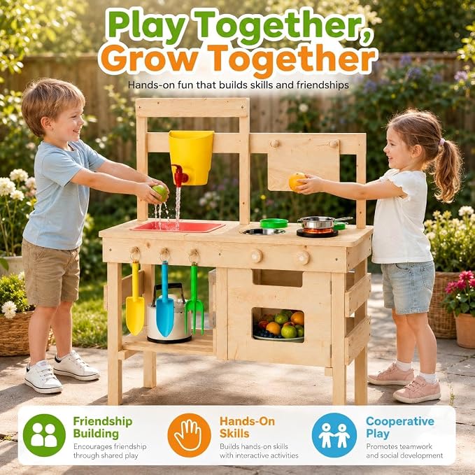 Kids Wooden Mud Kitchen Outdoor Playset, Solid Wood Backyard Pretend Kitchen with Working Faucet, Sink, Cutting Board, Planting Cups, Toy Cookware, Magnetic Cabinet Door and Storage Shelf - Image 2