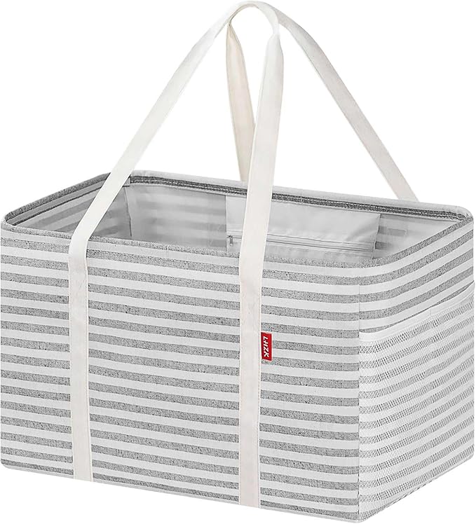 LHZK Standing Utility Tote Bag with Metal Wire Frame and the Sides Rinforced, Large Tote Bag with Handle, Reusable Grocery Bags Foldable, Beach Bag, Car Tote (Gray, 18.5''x11.8''x11.5'') | Metal Wire Frame by LHZK