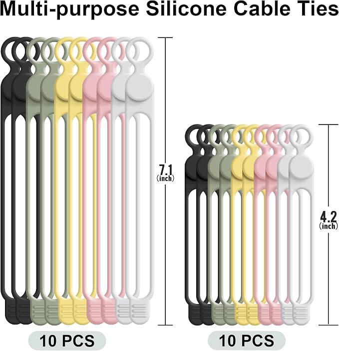 20Pcs Silicone Cable Ties, Cord Organizer Cable Management-2Sizes | Reusable Cord Ties for Electronics, Office Desk Accessories, Home Travel Essentials, Easy to Use, 4.2" and 7.1"-5 Colors - Image 7