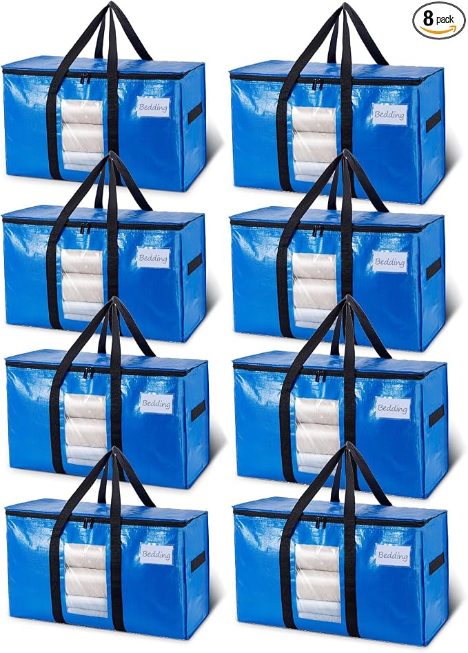 TAILI 8 Pack Blue Extra Large Moving Bags,Storage Bags with Visible Window | 93L Heavy Duty Totes For Storage,Wrap Around Handles,Alternative to Moving Boxes, College Dorm,Perfect for Moving by TAILI