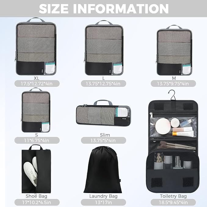 BAGAIL 4 Set/6 Set/8 Set Compression Packing Cubes Travel Accessories Expandable Packing Organizers (Half Mesh, 8-Jet Black) - Image 2
