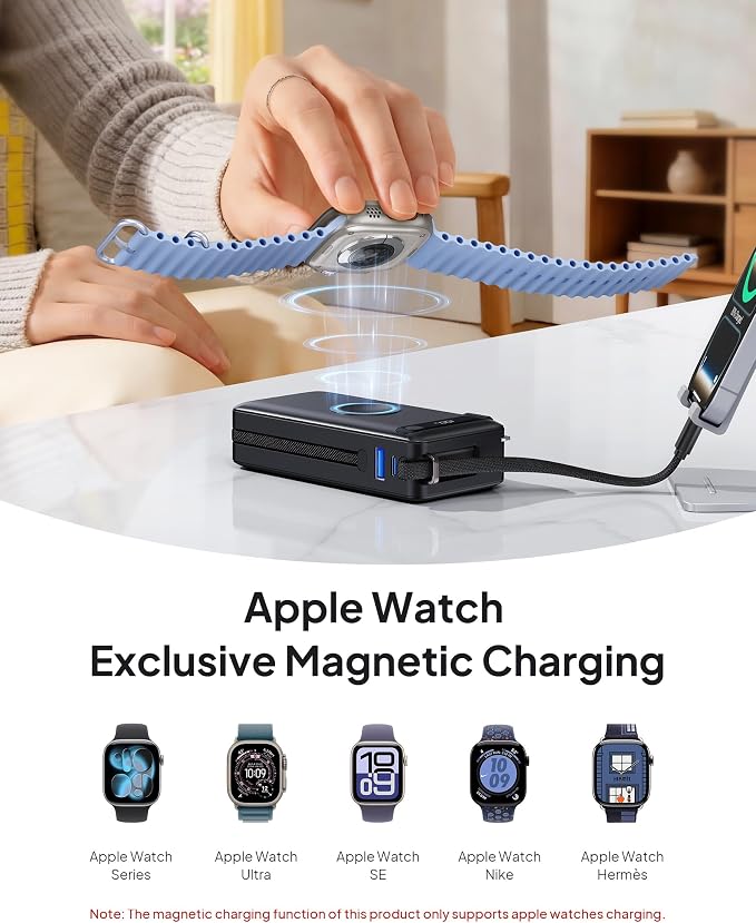 10000mAh 22.5W Power Bank Portable Charger with Built-in Cables & Wall Plug | 5 in 1 Compact USB C Fast Charging Travel Essentials Battery Pack for iPhone 17/16/15/14/12/11 Apple Watch Ultra/11/10/9/8/SE - Image 6