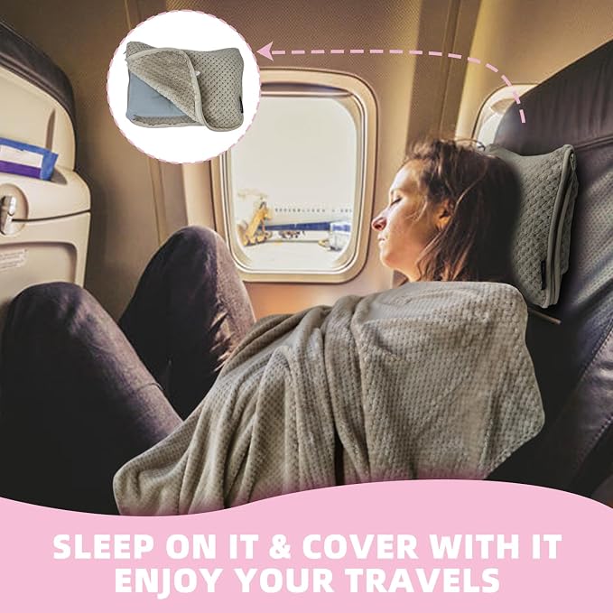 3 in 1 Travel Blanket Pillow Set - 350 GSM Thick Travel Blanket Airplane Compact with Bag, Soft Bag with a Pocket, Inflatable Travel Pillow for Camping & Car Trip (Light Coffee) - Image 2