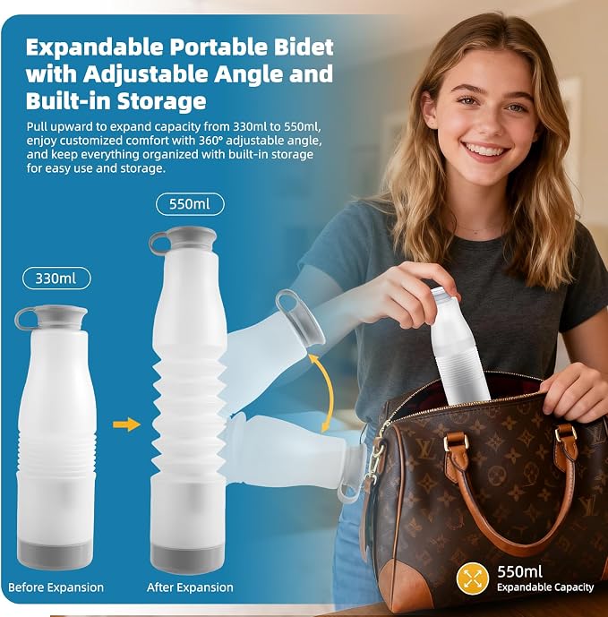 Hibbent Portable Bidet for Travel, High Pressure Electric Handheld Bidet Sprayer, 350-550ML Expandable Bottle for Personal Hygiene, USB-C Rechargeable Waterproof, Travel Sprayer for Women & Men, Black - Image 3