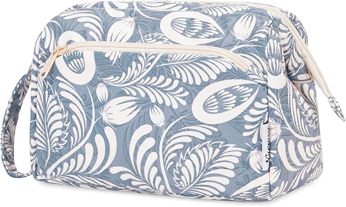 Narwey Women Makeup Bag Wide-open Make up Bag Travel Cosmetic Organizer Toiletry Bag for Cosmetics Toiletries Accessories (Blue Leaf) by Narwey