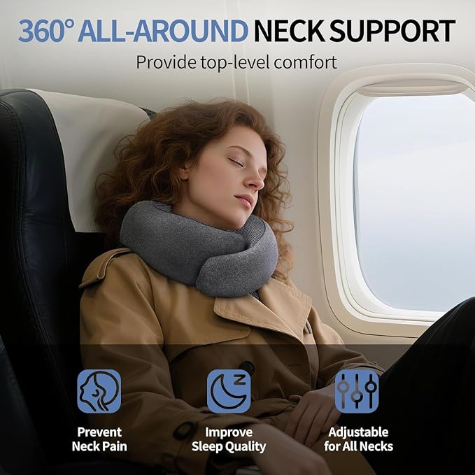 Neck Pillow Airplane, Travel Pillows for Airplanes | Memory Foam Adjustable Portable Neck Pillow for Traveling, Car Rides, and Home Use (Dark Gray) - Image 4