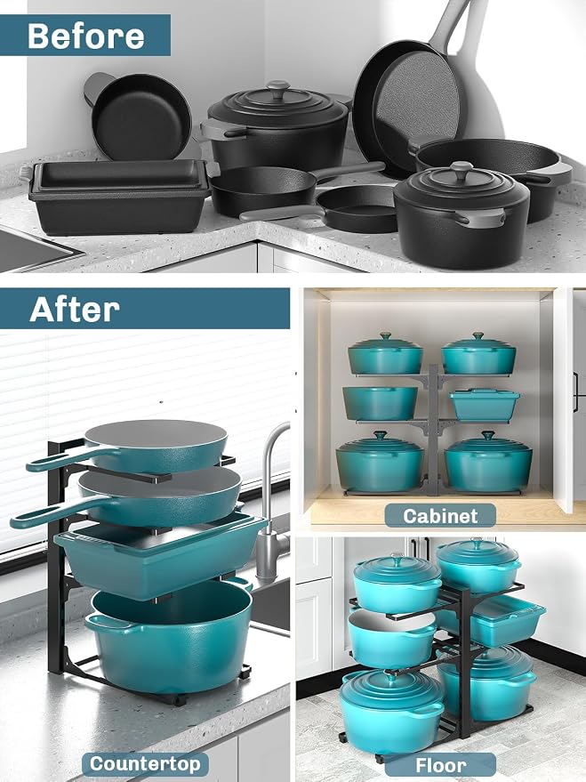 MUDEELA 6-Tier Heavy Duty Pots and Pans Organizer under Cabinet, 13.78" H | Work as a Single or Double-sided, Adjustable Pot Rack for Frying Pan, Cast Iron Skillet, Fits Various Cookware up to 12" - Image 5