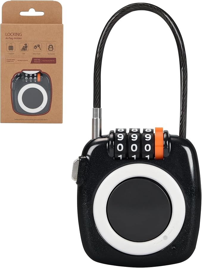 3-Digit Combination Holder Lock Compatible with Apple AirTag, Steel Cable – Alloy Body Ultra Durable Secure Anti-Theft for Luggage, Backpack, Bags, Suitcase, Gym Locker, Travel Safe (Black) by TOKCKYBL
