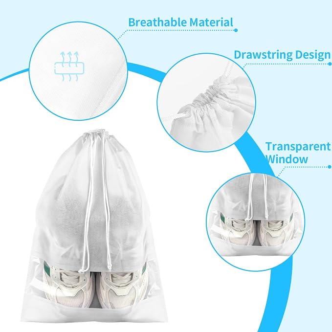 12 Pack Shoe Bags for Travel, Large Travel Shoe Bag for Packing with Window | Dustproof Drawstring Travel Shoe Storage Bags Travel Essentials for Men & Women, White - Image 3