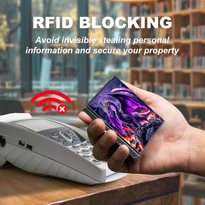 Metal Wallet,Credit Card Holder for Women,Slim RFID Blocking Credit Card Holder Thin Aluminum Wallet ID Case,6 Slot Business Mini Hard Metal Case for Women/Men,Cute Purple Dragon - Image 3