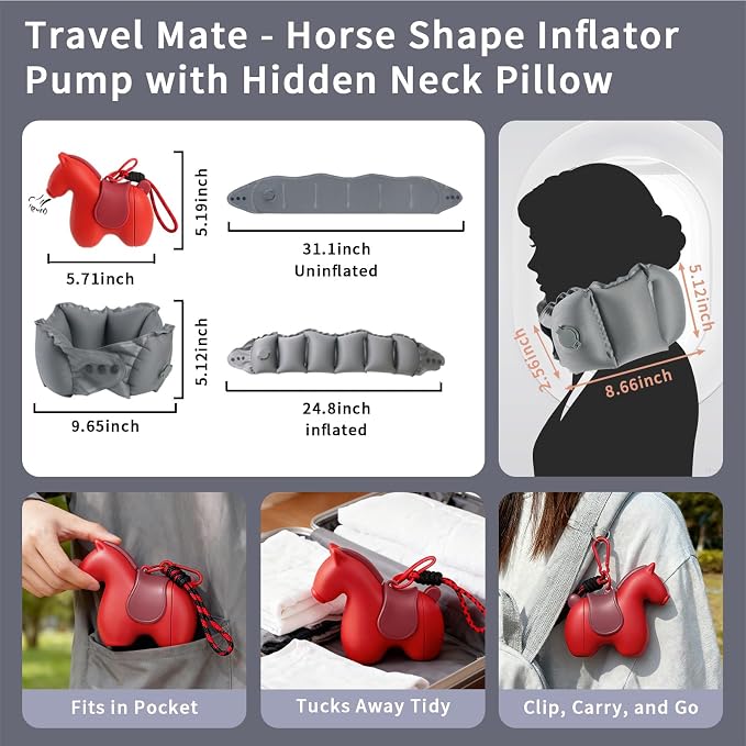 Inflatable Travel Neck Pillow Built-in Pump & Cute Storage Bag | Adjustable Cervical Support Travel Pillow For Airplane, Train, Office, And Long Trips. Hygienic Fabric (Red) - Image 5