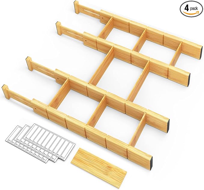 SpaceAid Bamboo Drawer Dividers with Inserts and Labels, Kitchen Adjustable Drawer Organizers, Expandable Organization for Home, Office, Dressers, 4 Dividers with 9 Inserts (17"-22" Natural) by SpaceAid