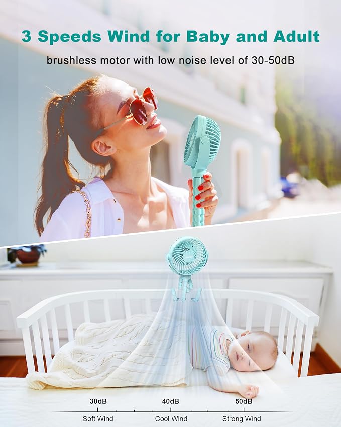 Coohea Clip on Stroller Fan, Rechargeable Long-Lasting Power Wind Fan, Blue | 4000mAh Battery Operated, 360° Rotatable Flexible Tripod, 3 Adjustable Speed, Portable Fan for Car Crib Backseat Beach Travel - Image 3