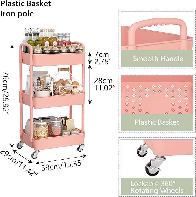 Sywhitta 3-Tier Plastic Rolling Utility Cart with Wheels for Storage, Pink | Multi-Functional Storage Trolley, for Office, Living Room, Kitchen, Bathroom,Movable Organizer,Space-Saving,Easy to assemble - Image 2