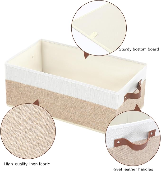 6 Pack Fabric Storage Bins, Large Storage Baskets for Shelves | Foldable Closet Organizer Storage Boxes with Leather Handles for Clothes, Sheets, Jeans, Toys, Books (Beige and White) - Image 4